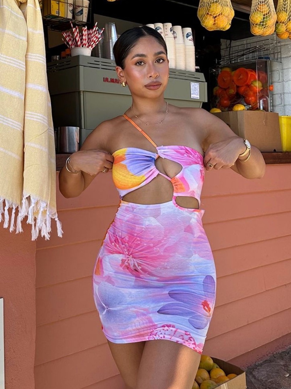Prettylittlething Pink Floral Cut Out Asymmetric Strap Bodycon Dress